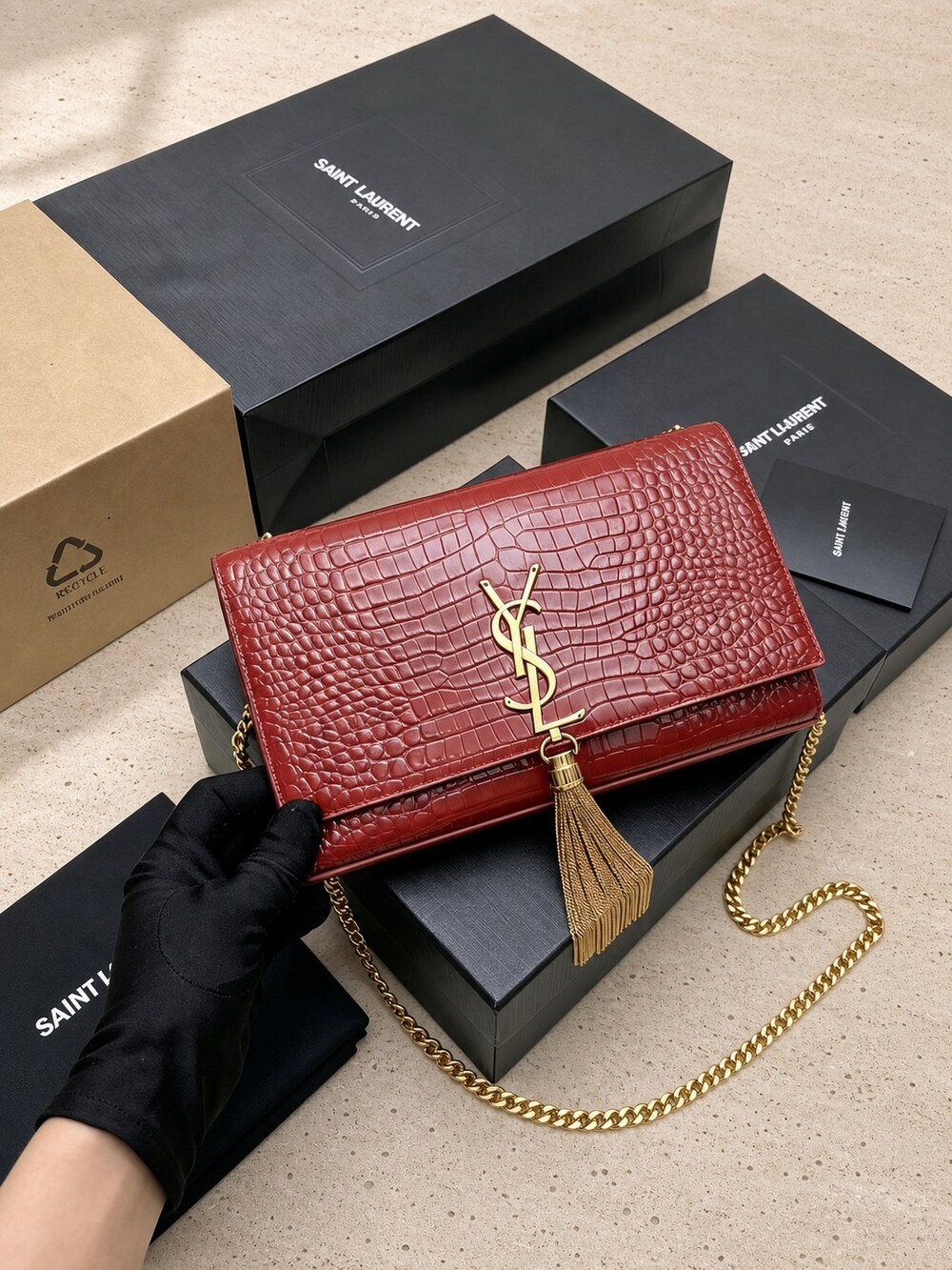 Yves Saint Laurent Red Croc-Embossed Kate Tassel Bag in Medium Size